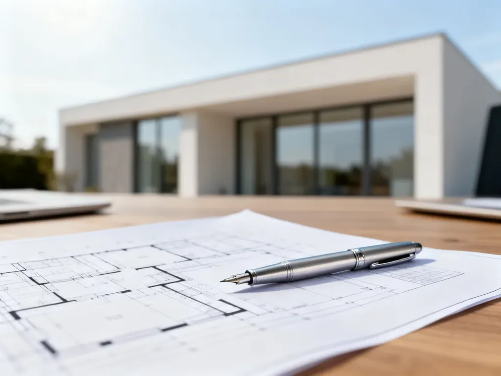 Projekt architektoniczny i pióro na biurku, symbolizujące proces formalizacji samowoli budowlanej.