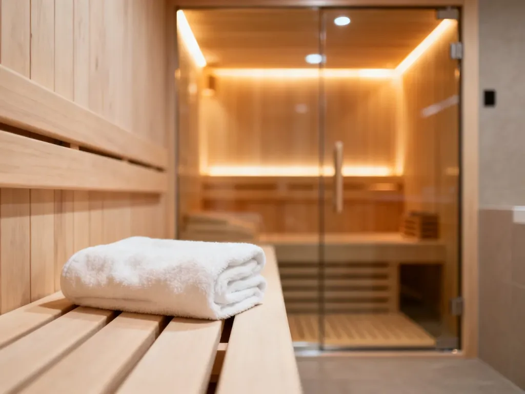 Nowoczesna sauna domowa z jasnego drewna, przeszklonymi drzwiami i nastrojowym oświetleniem.