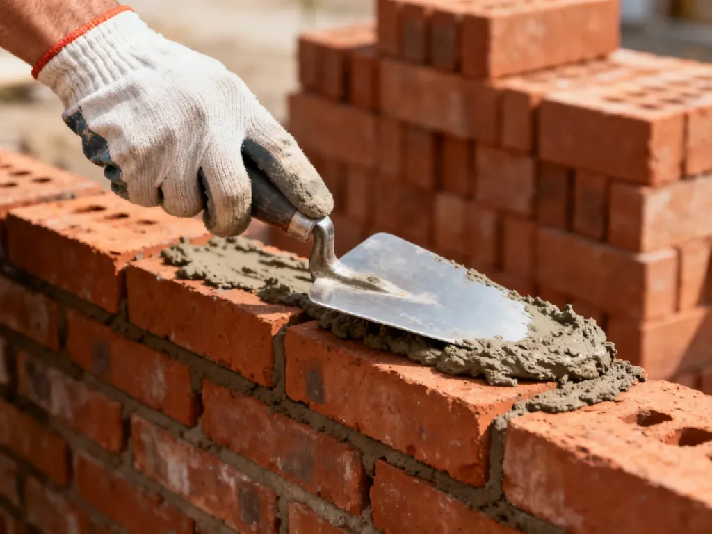Murarz nakłada kielnią zaprawę na czerwoną cegłę podczas budowy ściany.