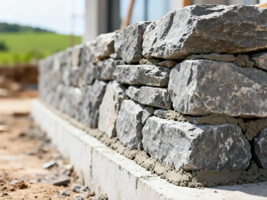 Zbliżenie na solidny fundament z naturalnego kamienia połączonego zaprawą, ukazujące fakturę i trwałość konstrukcji.