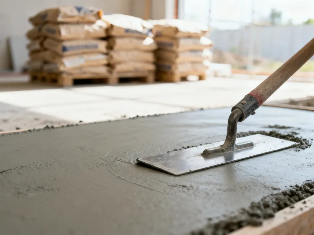 Metalowa paca wygładzająca świeżą wylewkę betonową na podłodze. W tle widoczne worki z materiałem budowlanym.