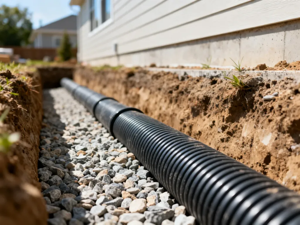 Rura drenażowa ułożona na warstwie żwiru w wykopie przy fundamencie domu.