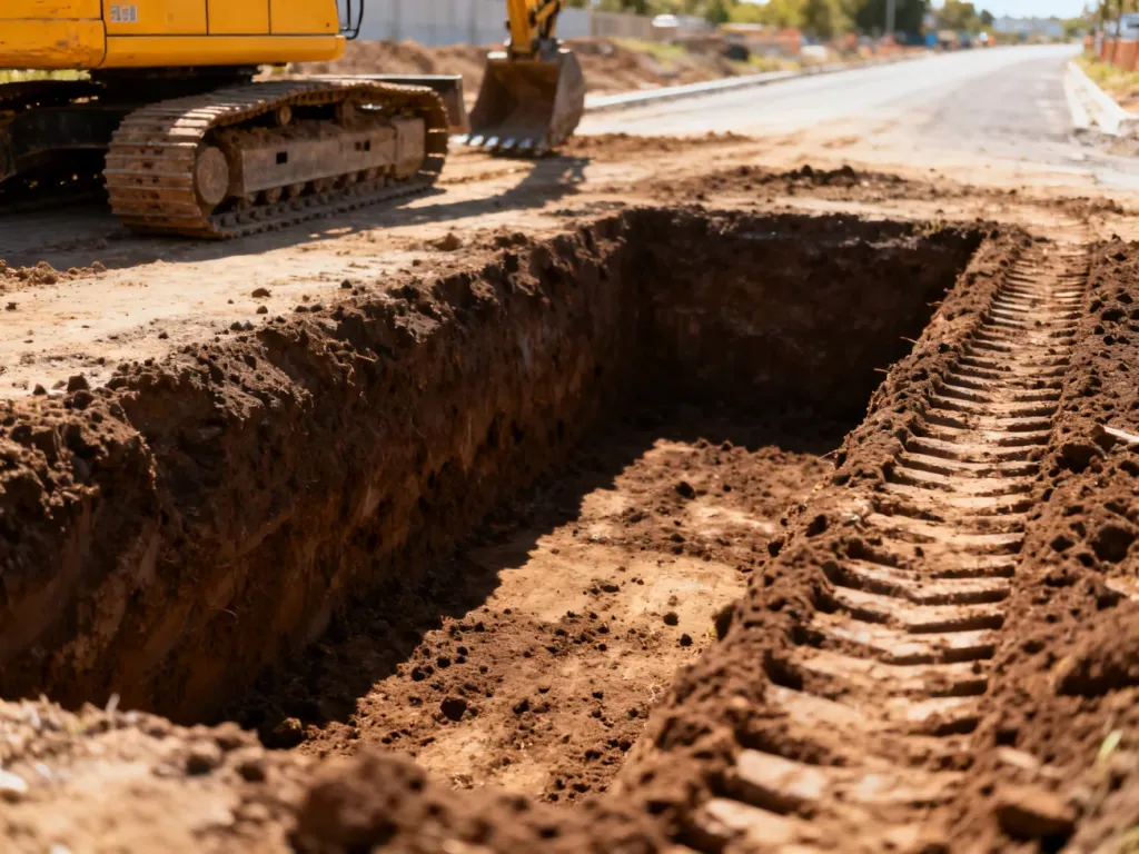 Świeżo wykopany rów pod fundament drogi z widocznymi śladami maszyn budowlanych w ziemi.