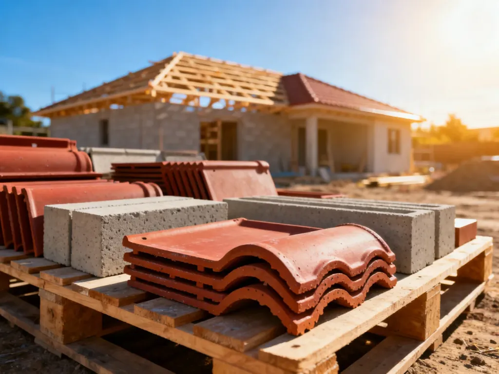 Różne rodzaje dachówek ceramicznych i betonowych ułożone na palecie, z placem budowy domu w tle.