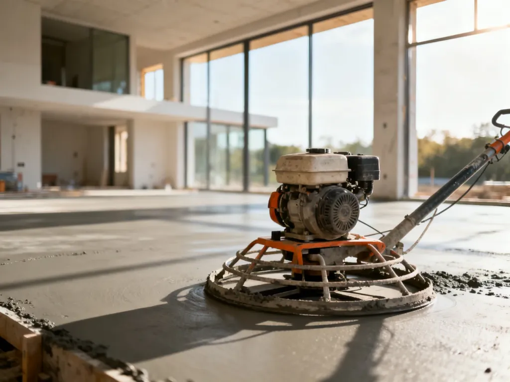 Profesjonalnie wykonana wylewka betonowa wygładzona zacieraczką mechaniczną w nowoczesnym wnętrzu w trakcie budowy.