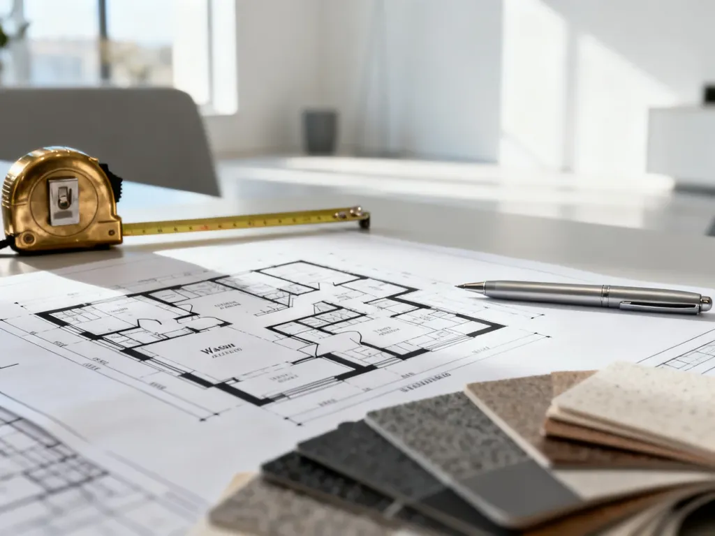Plan mieszkania na biurku architekta wraz z przyborami pomiarowymi, symbolizujący profesjonalne przygotowanie do remontu.
