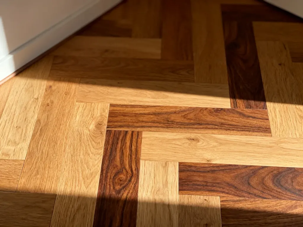 Różne rodzaje desek podłogowych z dębu i orzecha ułożone w geometryczny wzór, podkreślające naturalną strukturę drewna.