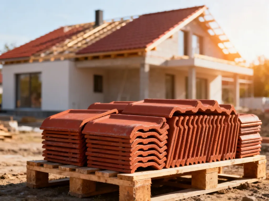 Czerwone dachówki ceramiczne Röben ułożone na palecie na tle nowoczesnego domu w budowie.