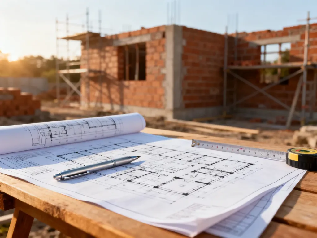 Projekt architektoniczny domu rozłożony na stole budowlanym z przyborami pomiarowymi na tle placu budowy.